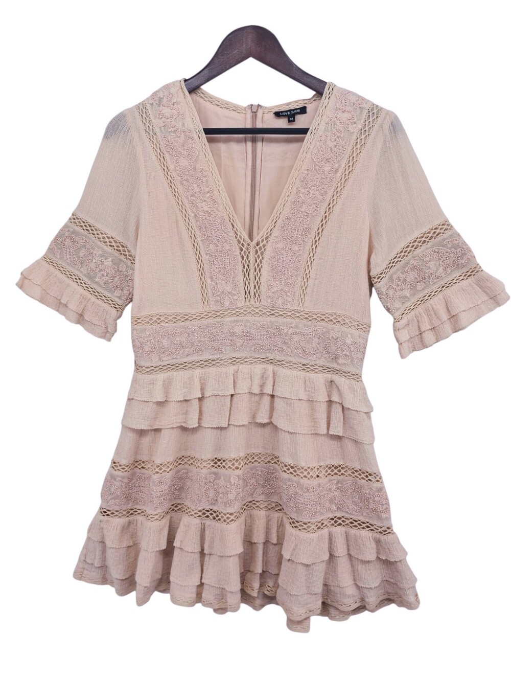 Love Sam Beaded Embroidered Boho Mini Dress Blush Lace Tiered Ruffle M - Picture 3 of 16